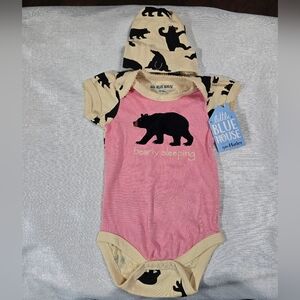 Hatley Pink & Cream Bear Print Onesie Bodysuit And Hat Bearly Sleeping